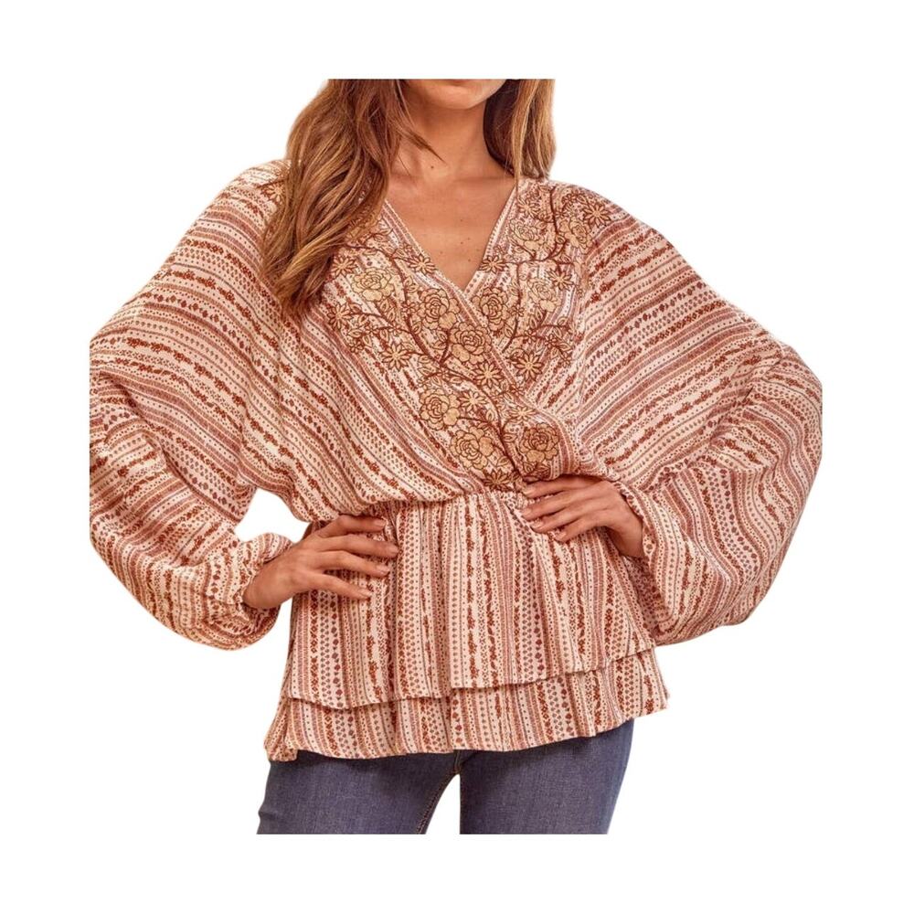 Savanna Jane Surplice Floral Embroidered V-neck Elastic Waist Long Sleeve Blouse